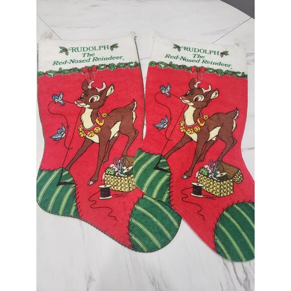 2 LARGE Vintage Rudolph Red Nosed Reindeer Felt Stocking Retro 90s Decor 17" lot - Picture 1 of 5